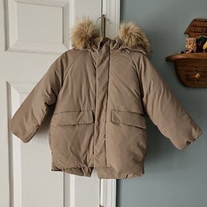Tan Puffer Jacket with Faux Fur Hood